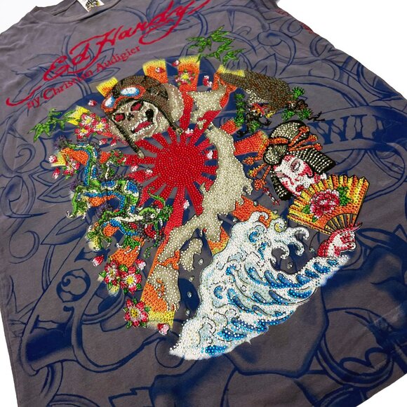 Vintage Ed Hardy Christian Audiger All Over Print Rhinestone Skull T-Shirt - Picture 4 of 4